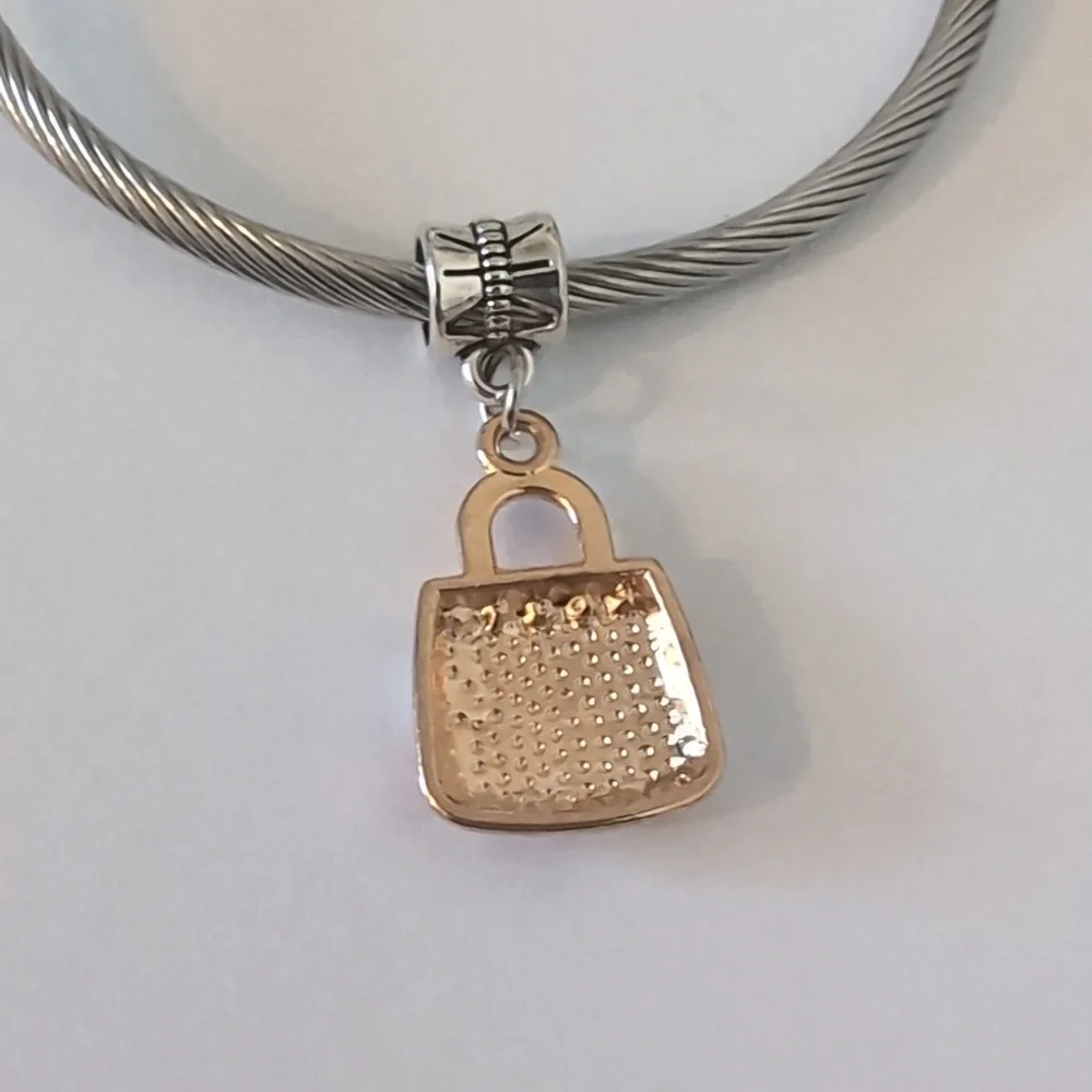 Gold with Pink and White Checkered Purse Dangle Charm for Pandora Style Bracelet